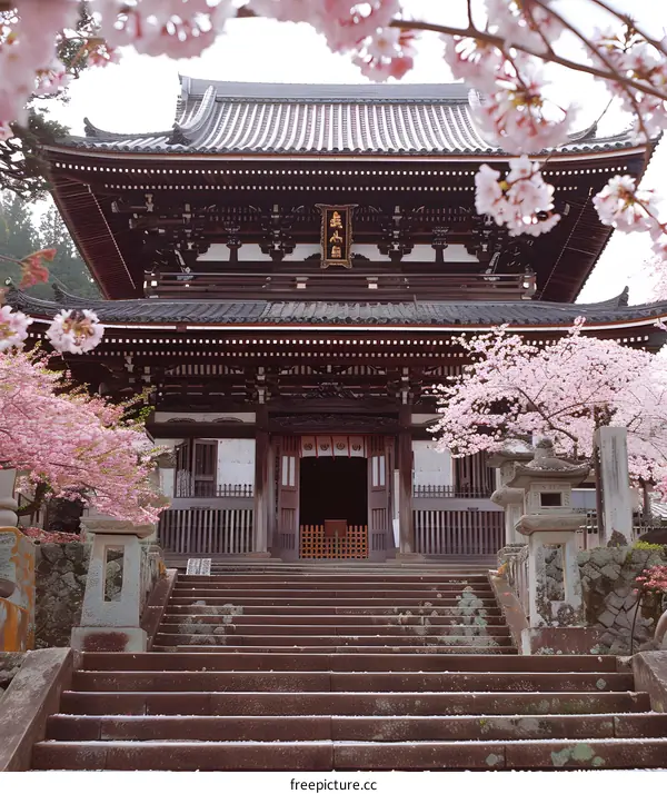 Japanese Temple Entrance with Cherry Blossoms