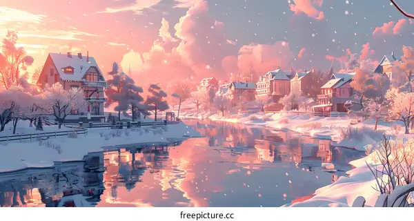 A winter wonderland of snow-covered houses and trees by a frozen river