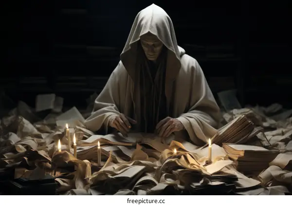 A lone scholar in a dark room is surrounded by books and candles.