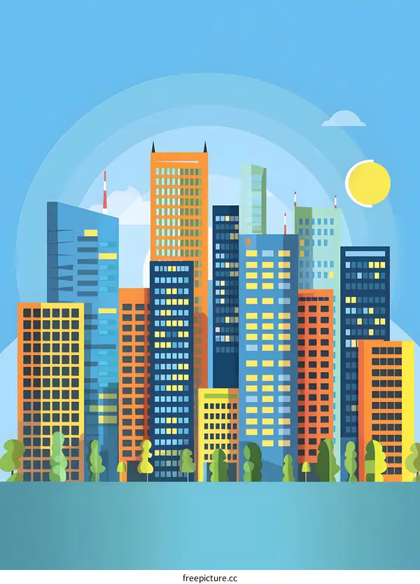 Colorful Flat Design Cityscape Illustration