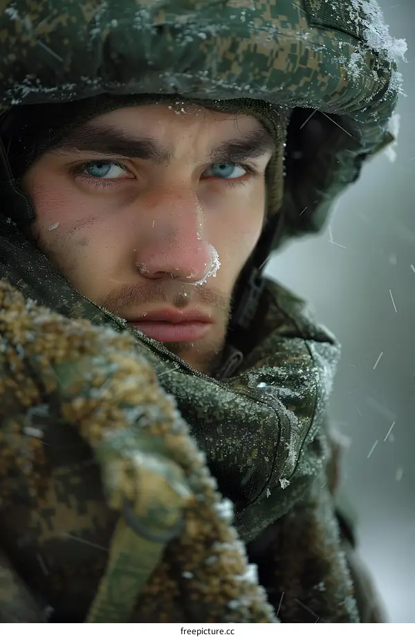 Portrait of a young soldier with blue eyes