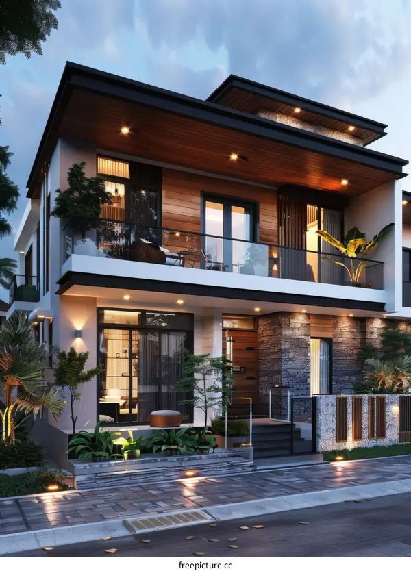 Modern Architectural House Exterior Design with Balcony and Garden