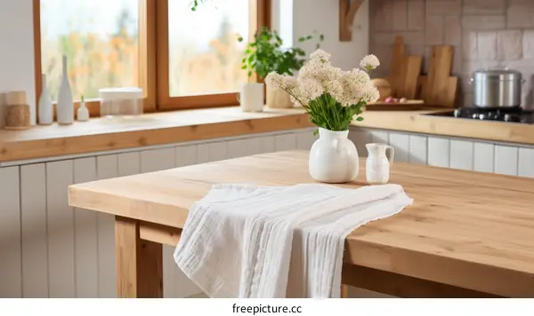 A wooden table with a vase of flowers on it