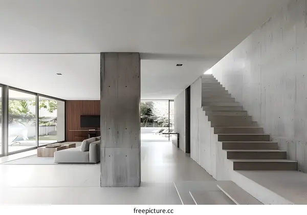 Modern Concrete Interior Design With Stairs and Glass Door