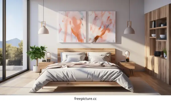 Modern bedroom interior with two paintings above the bed