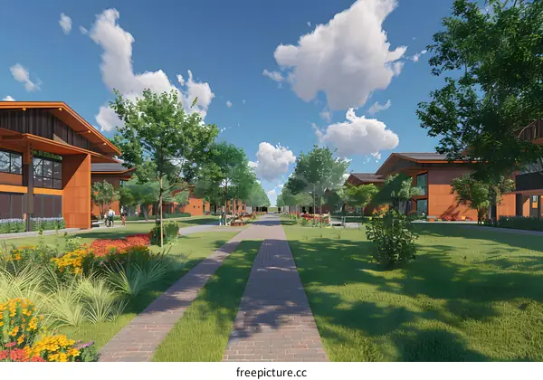 Modern House Design with Brick Pathway and Green Grass