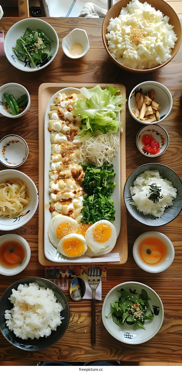 Japanese breakfast spread on a wooden table