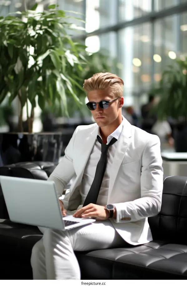 Blond man in white suit using laptop in modern interior