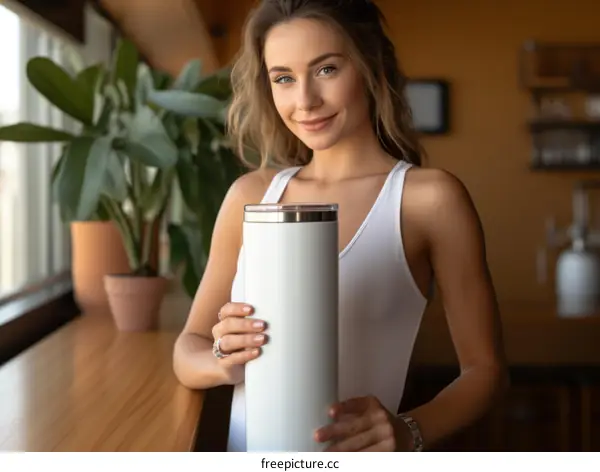 An attractive young woman with long blond hair and blue eyes is holding a large white travel mug.