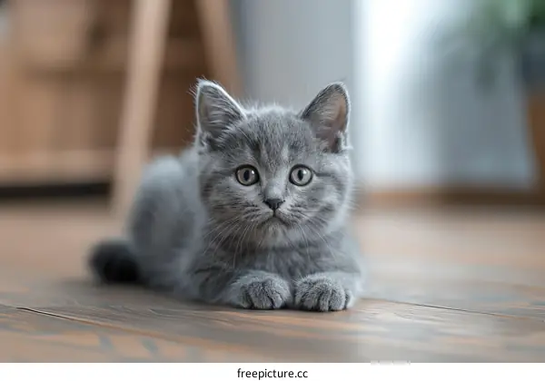 A cute gray kitten is sitting on the wooden floor and looking at the camera