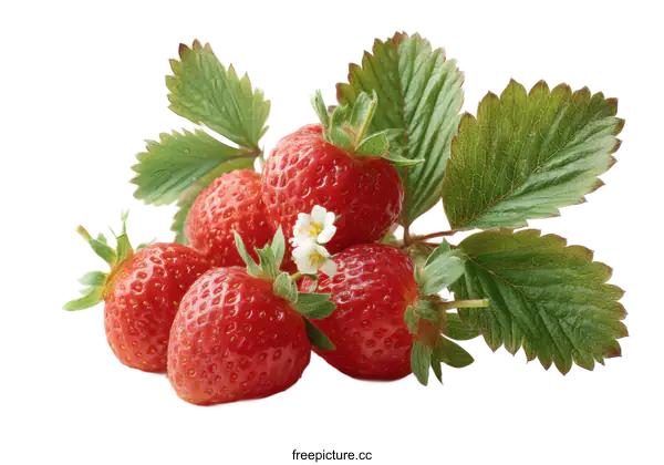 [Transparent Background PNG]Fresh Strawberries with Leaves and Flowers