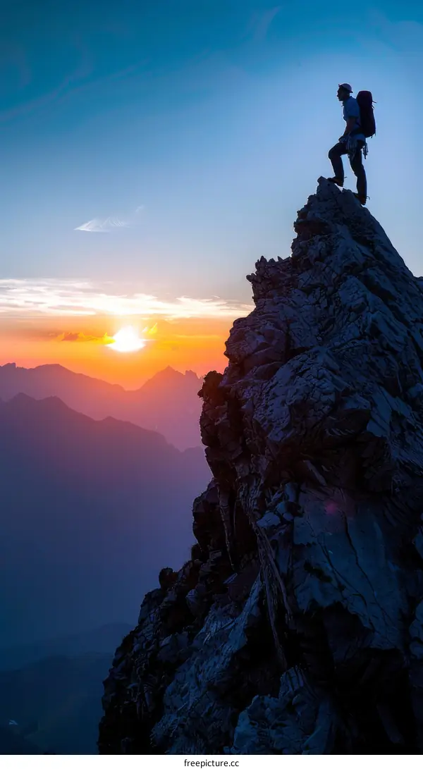 Man on the top of the mountain watching the sunset