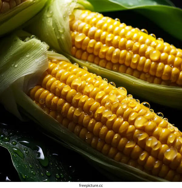 Close-up of fresh corn on the cob with water drops