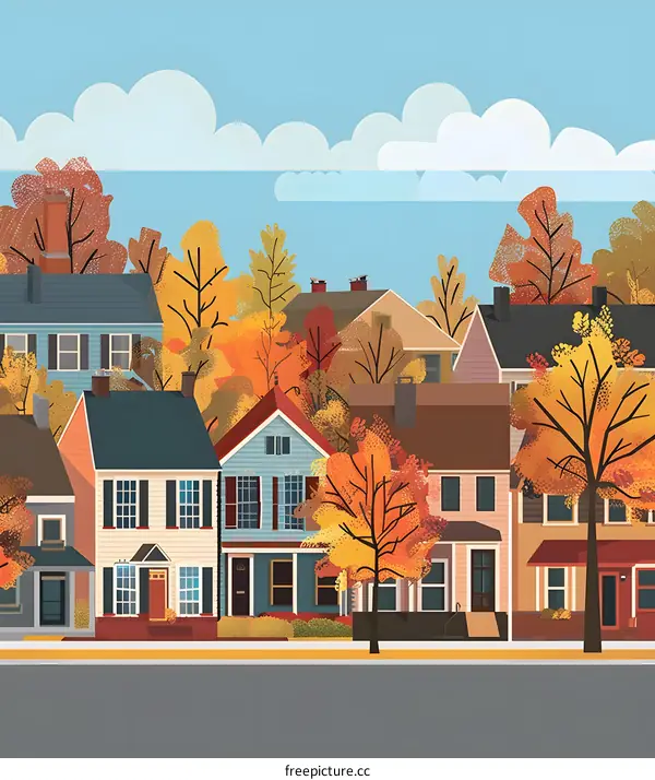 Autumn Day in a Small Town Neighborhood