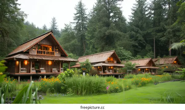Wooden houses with thatched roofs in a forest