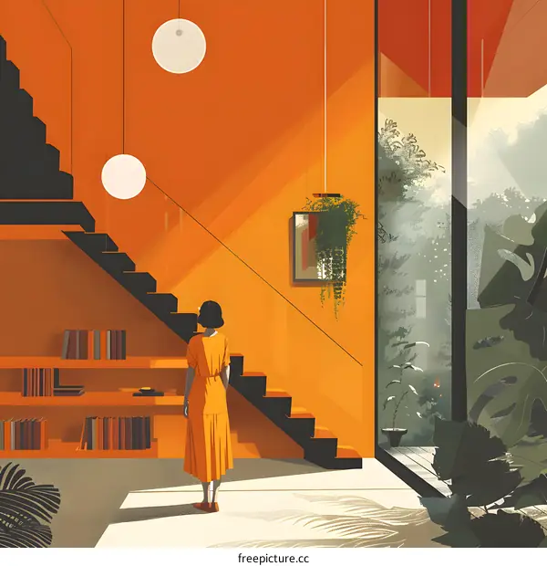 A woman standing in a room with orange walls and a large window