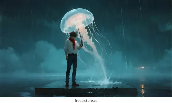 A man standing on a platform looking at a glowing jellyfish in the rain