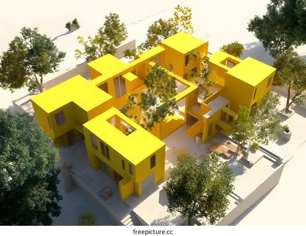 Modern Yellow House Design with Courtyard and Trees