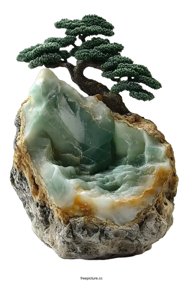 [Transparent Background PNG]Green Stone Bonsai Tree Sculpture