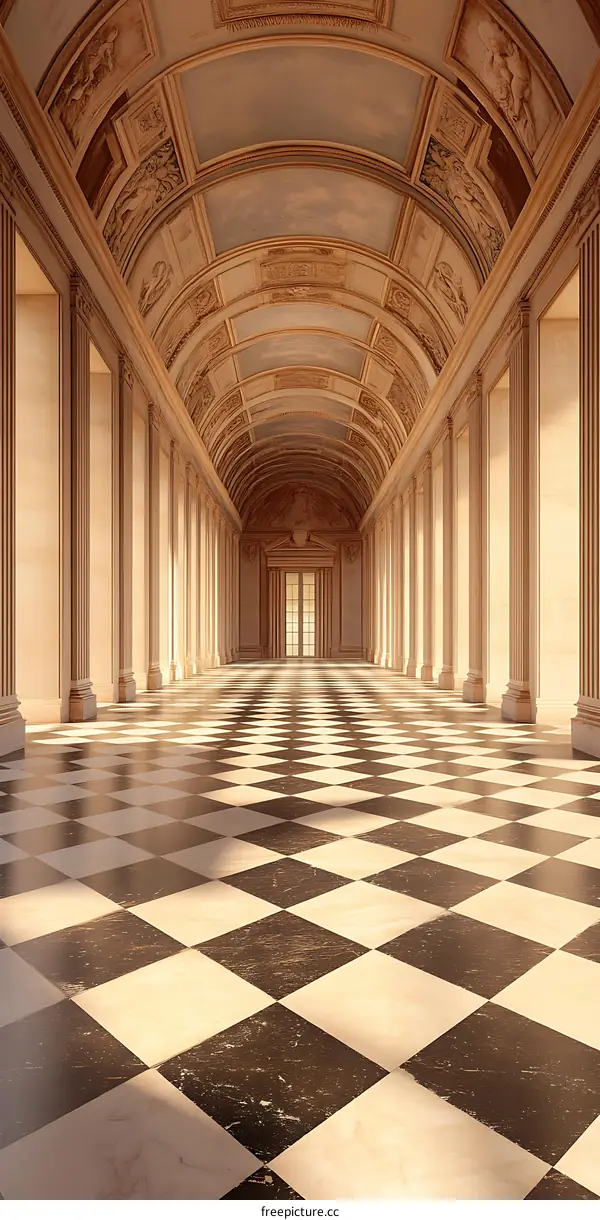 Checkerboard Floor in a Large Hallway With White Columns