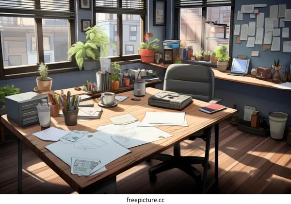 A messy desk with a computer, books, plants, and papers