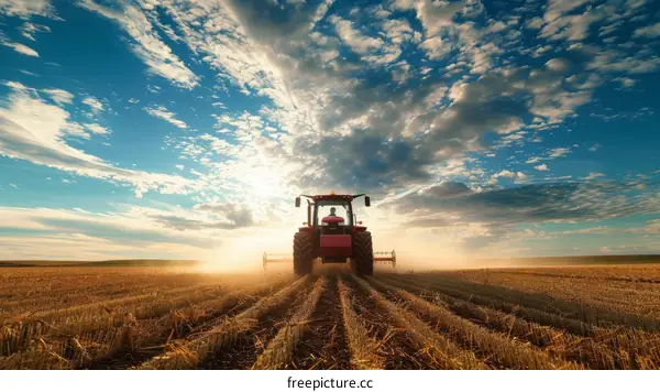 Tractor working in a golden wheat field during sunset