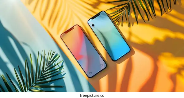 Two Smartphones Laying on a Yellow and Blue Surface