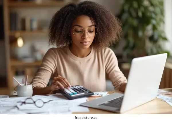 Focused Woman Calculating on Calculator at Laptop