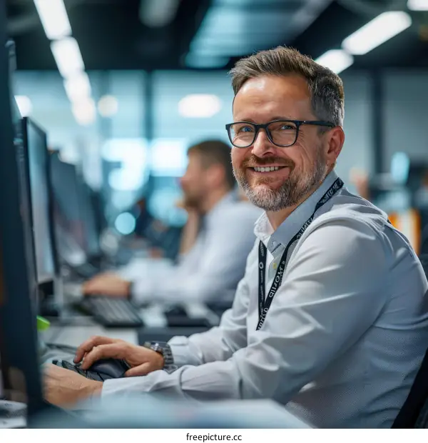 Portrait of a smiling businessman sitting at his desk in an office