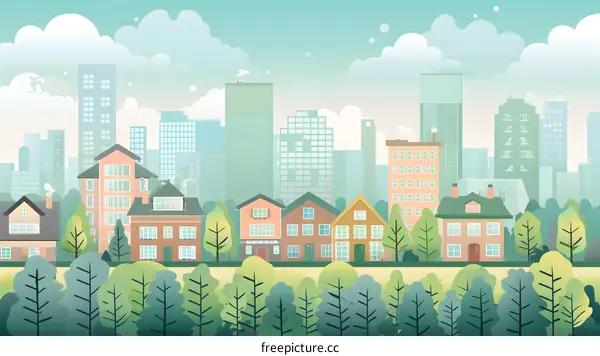 Cityscape Illustration with Green Trees and Houses