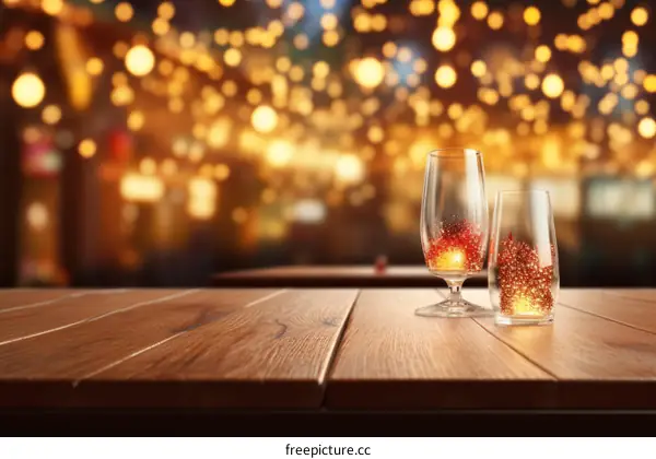 Two glasses of champagne on a wooden table with a blurry background of lights