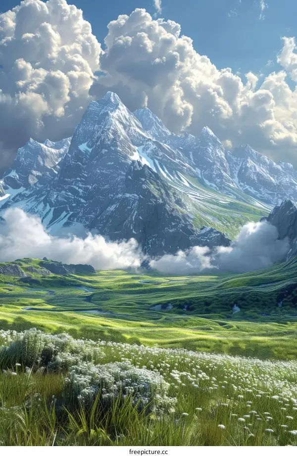 Majestic Mountain Landscape with Clouds and Meadow
