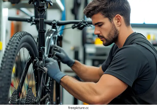 Man Wearing Black Gloves Repairing Bicycle