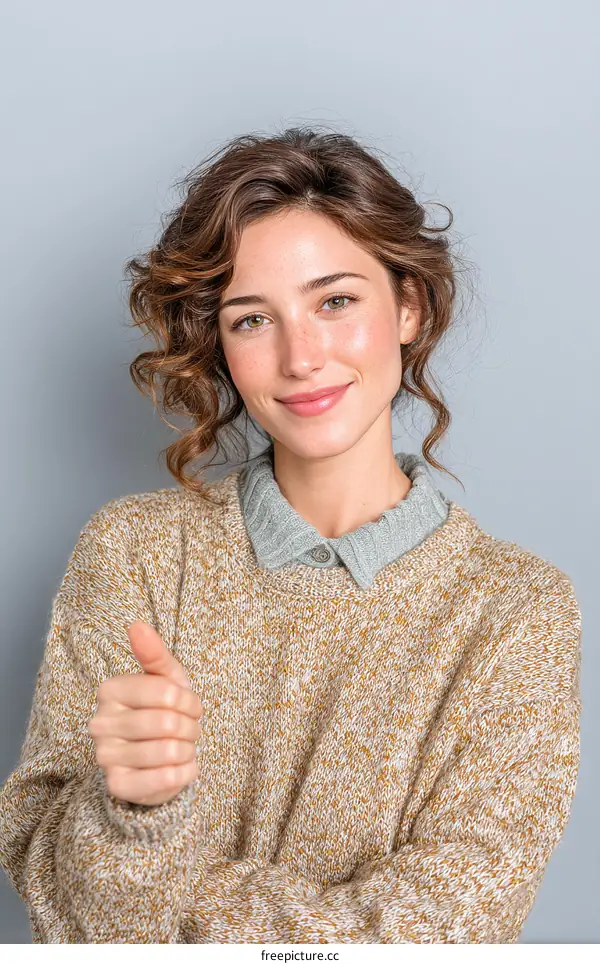 Smiling Woman Giving a Thumbs Up in a Knitted Sweater