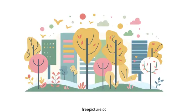 Abstract Cityscape with Trees and Birds