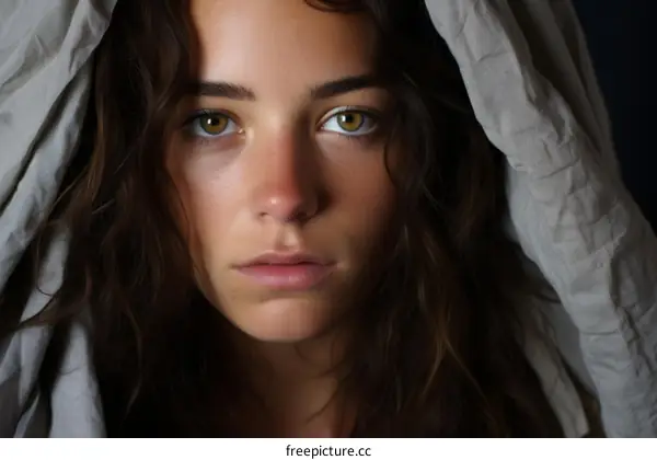 Portrait of a young woman with brown hair and green eyes wearing a white headscarf