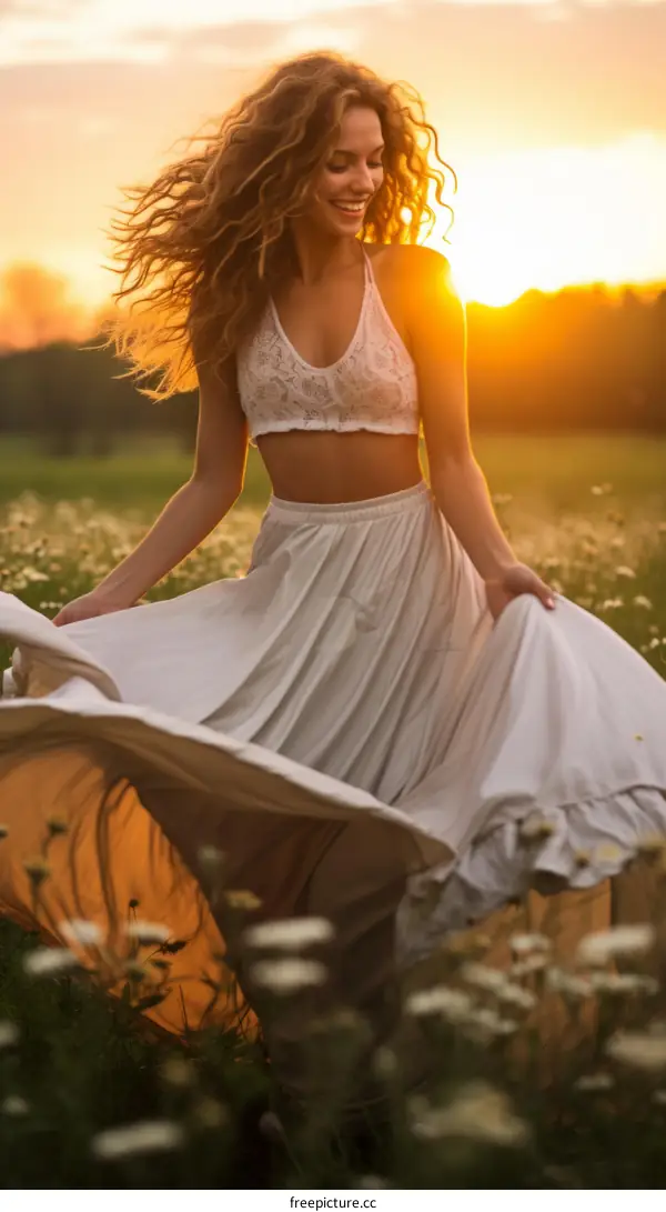 carefree young woman dancing in a field of daisies at sunset
