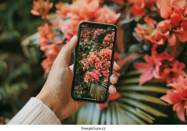 Hand Holding Phone Taking Picture of Flowers