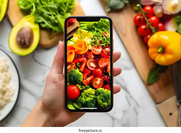Phone Photographing Fresh Vegetable Salad On White Marble Countertop