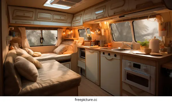 Compact Camper Van Interior with Cozy Bed, Kitchen, and Storage