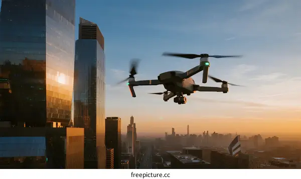Drone flying over modern city buildings during sunset