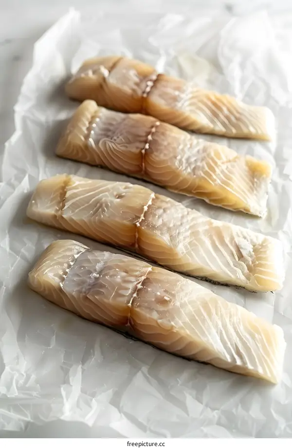 Four pieces of raw white fish fillets on white paper