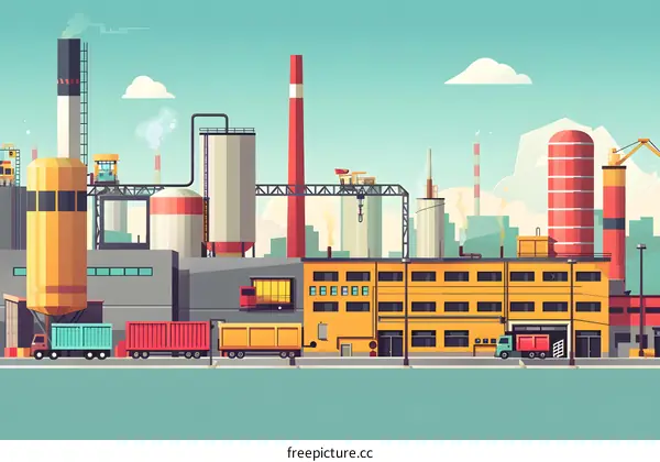 Industrial Factory Illustration With Buildings And Trucks