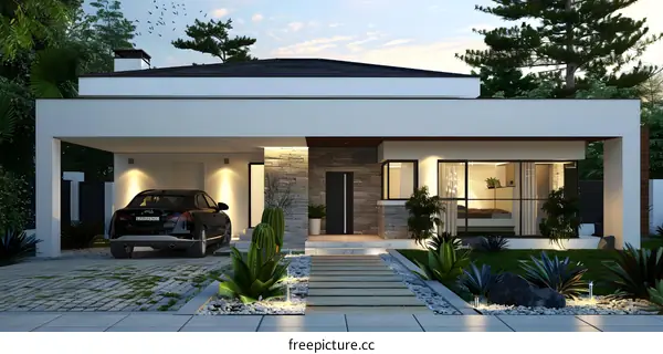 Modern House Exterior Design With Stone Wall And Landscaping