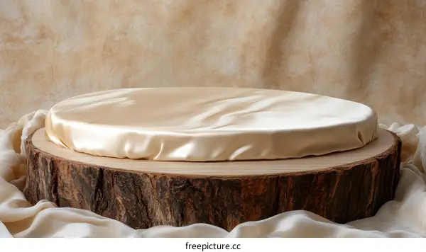 Beige Satin Fabric Display on Wooden Stump