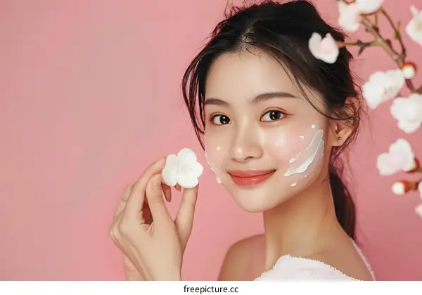 Smiling Asian Woman with Flower on a Pink Background