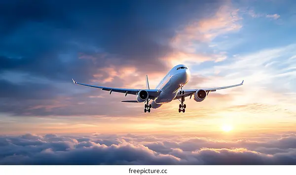 Passenger Airplane Flying Above Clouds at Sunrise