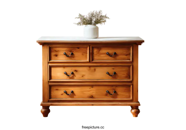 [Transparent Background PNG]Vintage Wooden Chest of Drawers with Vase