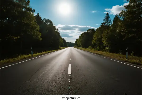 Sunlit road surrounded by lush green trees under a clear blue sky
