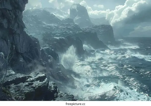 Huge sea waves crashing against rocky cliffs